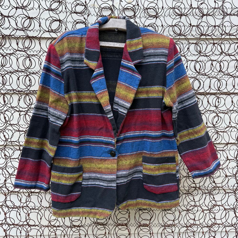 Vintage 90s Tracy Evans Saddle Blanket Stripe Western Boxy Blazer Dark Tones LG